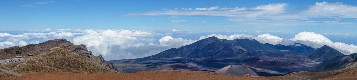 Panoramic view of landscape and mountains against sky