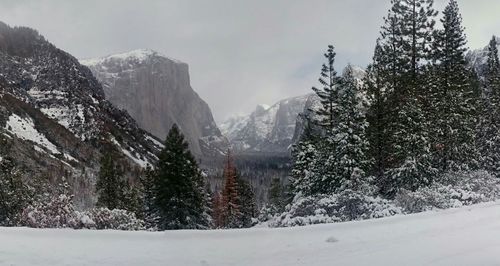 Scenic view of snow covered mountains