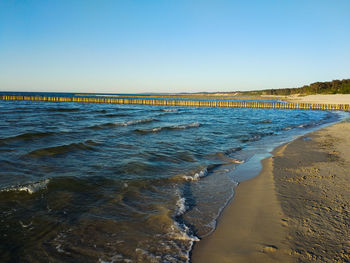 Scenic view of sea against clear blue sky