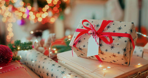 Close-up of christmas decorations on table