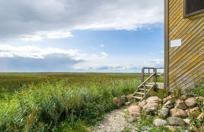 Entrance to the bird watchtower on the shores of lake võrtsjärv in summer, estonia