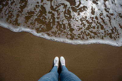 Low section of person standing at beach