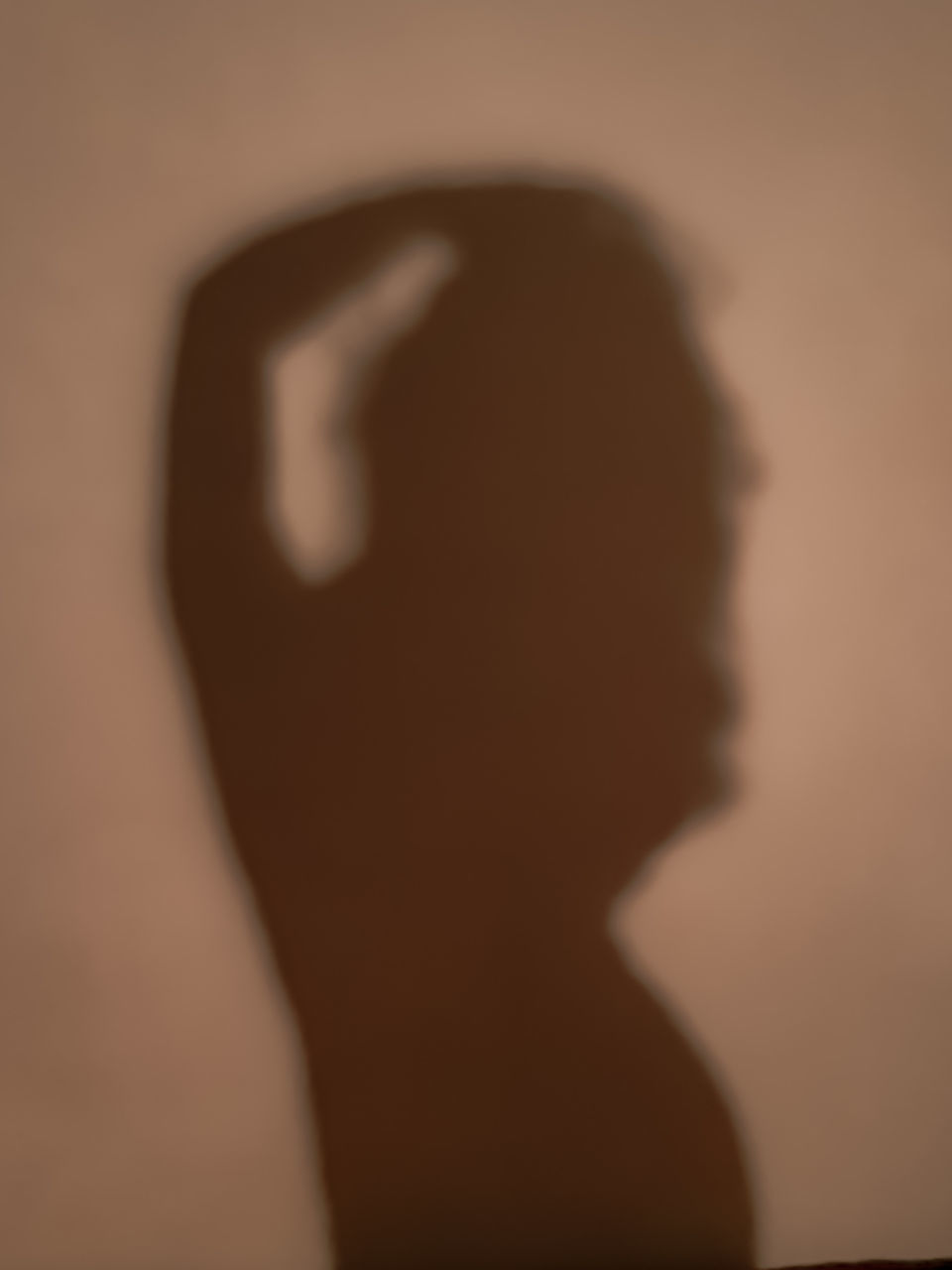 one person, hand, indoors, close-up, adult, shadow, studio shot, portrait, headshot, black, light, silhouette, colored background, human head, brown, white, side view, finger, arm, women
