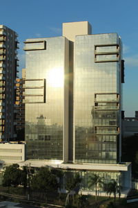 Low angle view of modern buildings against clear sky