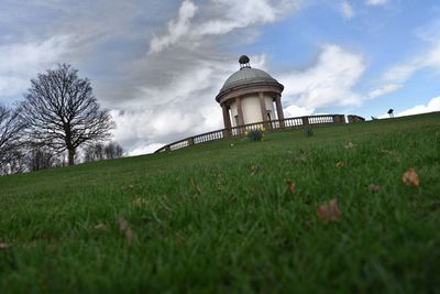 Low angle view of gazebo against sky
