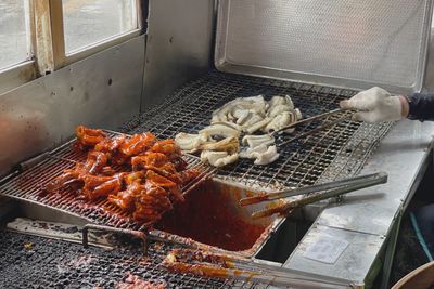 High angle view of food on eel barbecue grill 