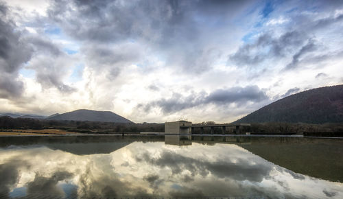 Scenic view of lake and mountains against sky