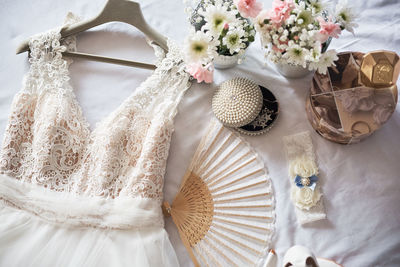 High angle view of white flowers on table