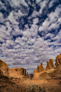 Rock formations on landscape against sky