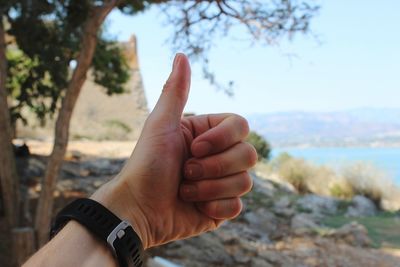 Cropped hand of man gesturing against sky