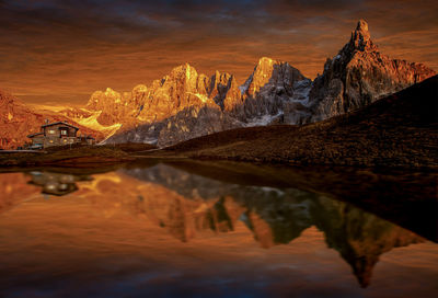 Scenic view of snowcapped mountains against sky during sunset