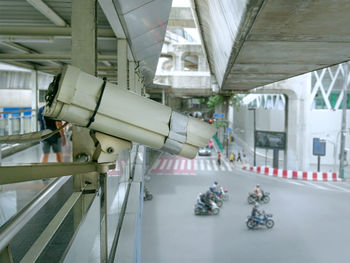 Close-up surveillance camera recording traffic in the city