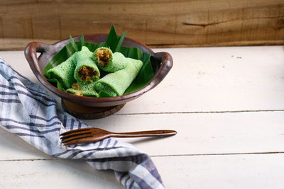 High angle view of vegetables in bowl on table