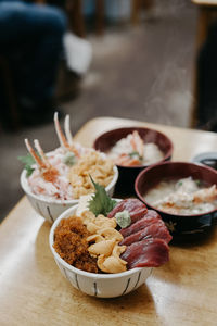 Close-up of food served on table