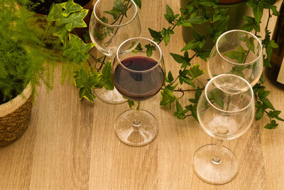 High angle view of wine glass on table