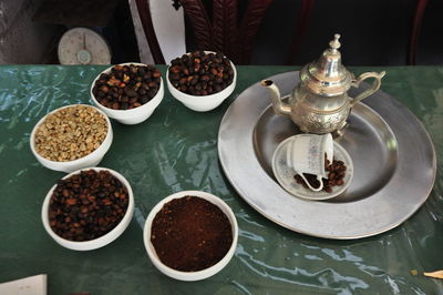 High angle view of various food on table