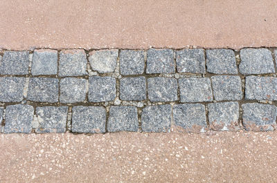 High angle view of paved footpath amidst sand