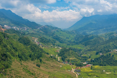 Aerial view of sapa mountain valley with spectacular rice terraces, travel landscape