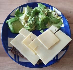 High angle view of food in plate on table