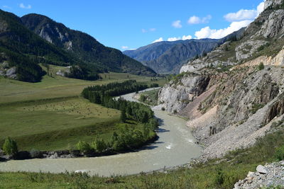 Scenic view of landscape and mountains against sky