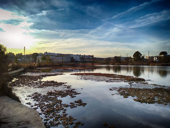 Reflection of trees in water against sky