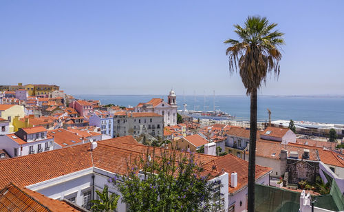 Buildings in city against clear sky