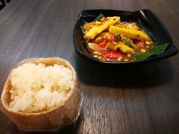 High angle view of food in bowl on table