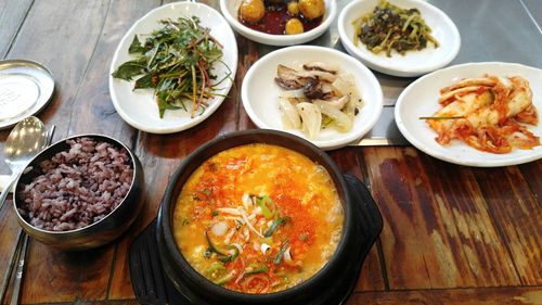 High angle view of meal served on table