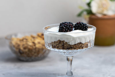 Dessert with granola, yogurt and fresh blackberries. vegan dessert