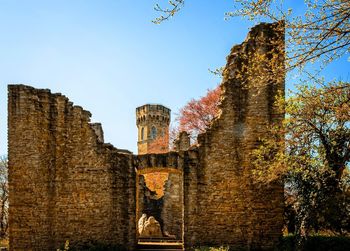 Low angle view of built structure against clear blue sky