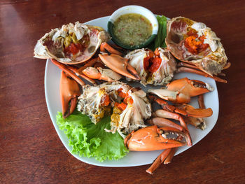 High angle view of seafood in plate on table