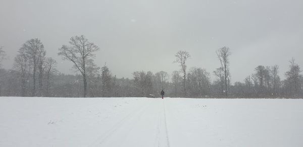 Snow covered field against sky