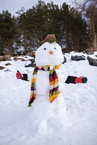 Boy stands behind snowman and gives thumbs up. seasonal family weekend, active authentic lifestyle