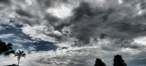 Low angle view of silhouette trees against storm clouds