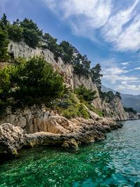 Scenic view of rocks in sea against sky