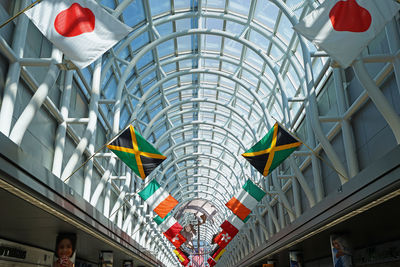 Low angle view of umbrellas hanging in shopping mall