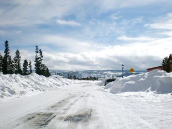 Snow covered landscape against sky