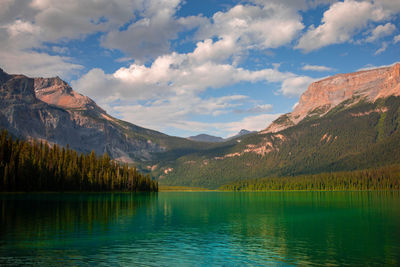 Scenic view of lake by mountains against sky