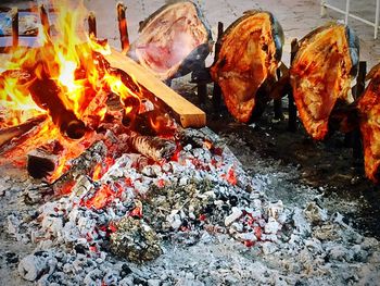 High angle view of bonfire on barbecue grill