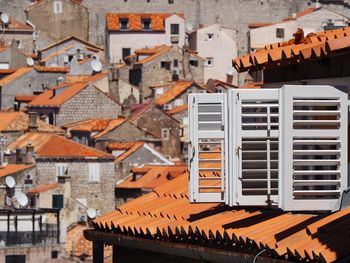 High angle view of houses in town