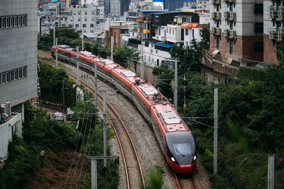 High angle view of train on street in city