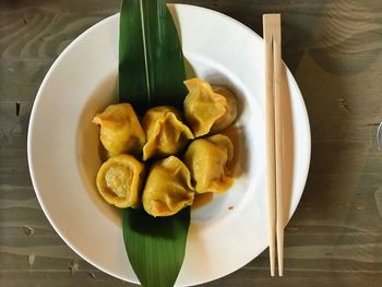 High angle view of food in plate on table