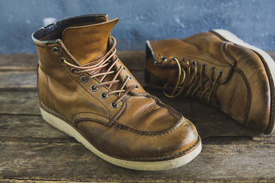 Close-up of shoes on wooden floor