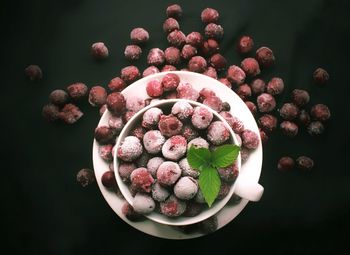 Directly above shot of flowering plants in bowl against black background