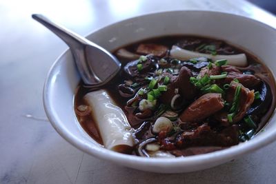 Close-up of soup in bowl on table