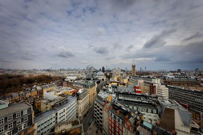 High angle view of buildings against sky