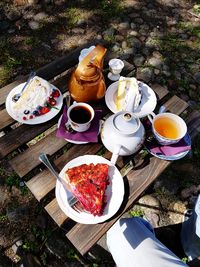 High angle view of breakfast on table