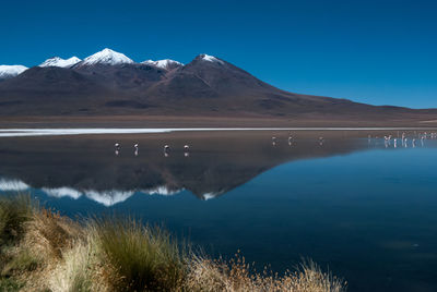 Scenic view of lake and mountains against clear blue sky