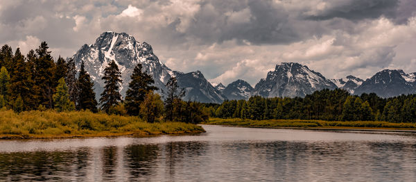 Scenic view of lake by mountains against sky