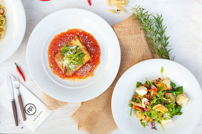 High angle view of food in bowl on table